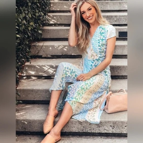 Blue Rain Floral Midi Wrap Dress Pastel Formal Lightweight Wedding Guest Garden - Picture 1 of 7